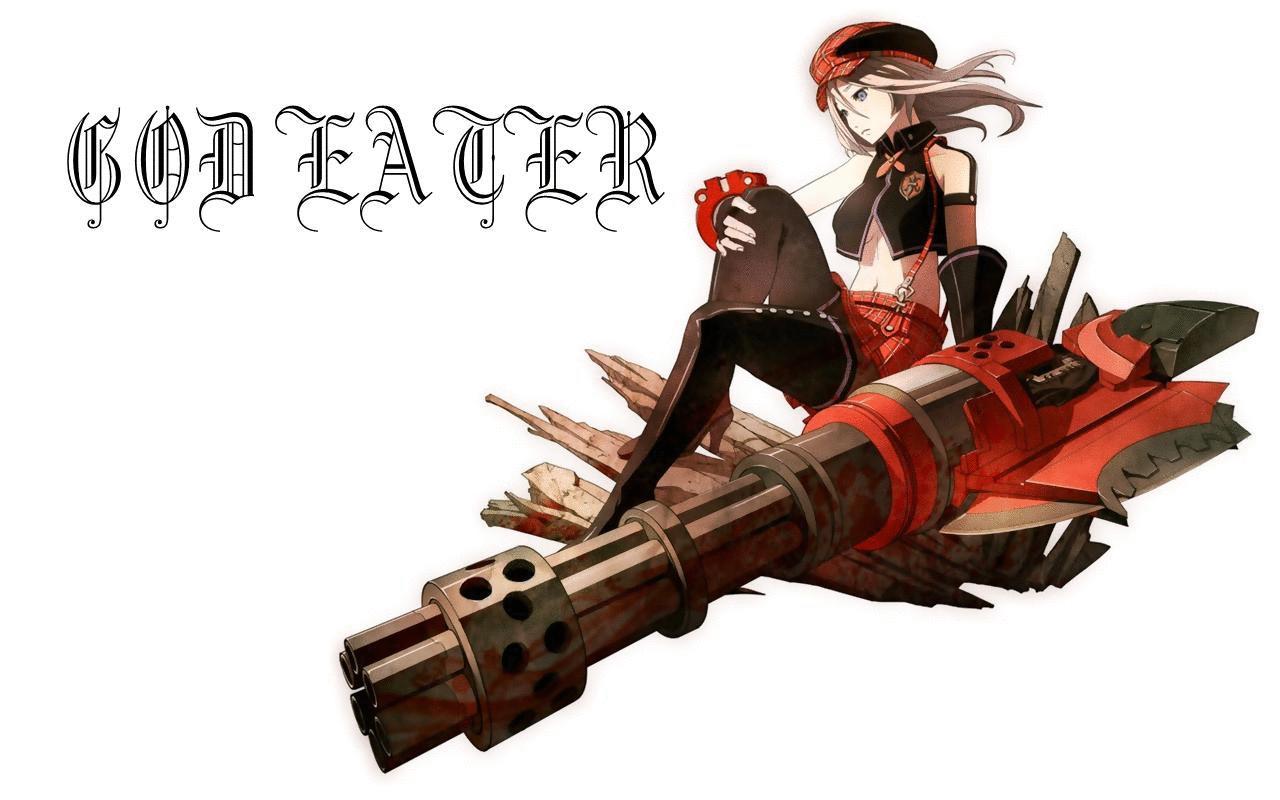 A character from the anime *God Eater* sits confidently on a large weapon, showcasing a bold design and dynamic pose, with the title prominently displayed above.