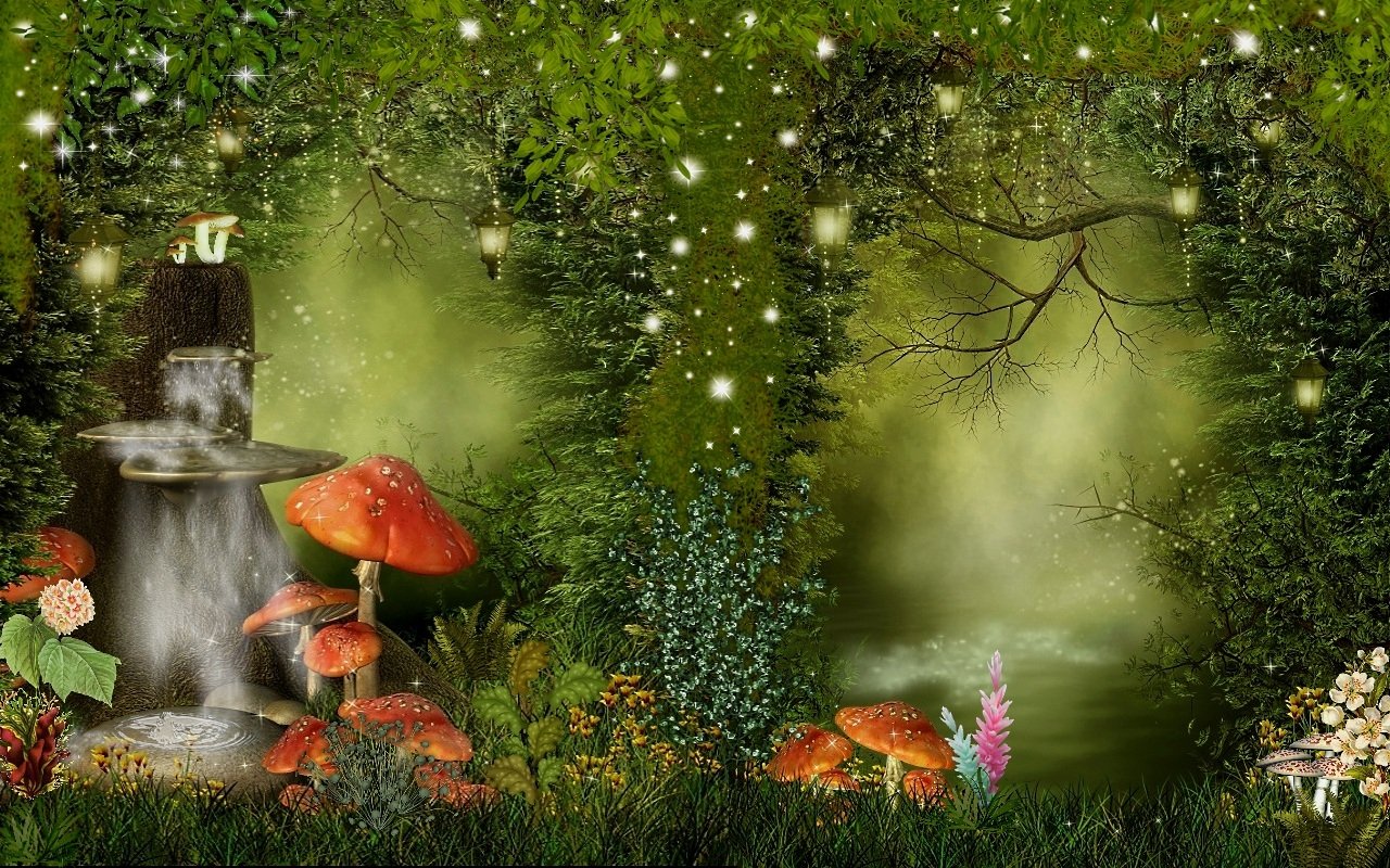 An enchanting spring scene features vibrant flowers, whimsical mushrooms, and a serene waterfall, all set against a magical, illuminated forest backdrop.