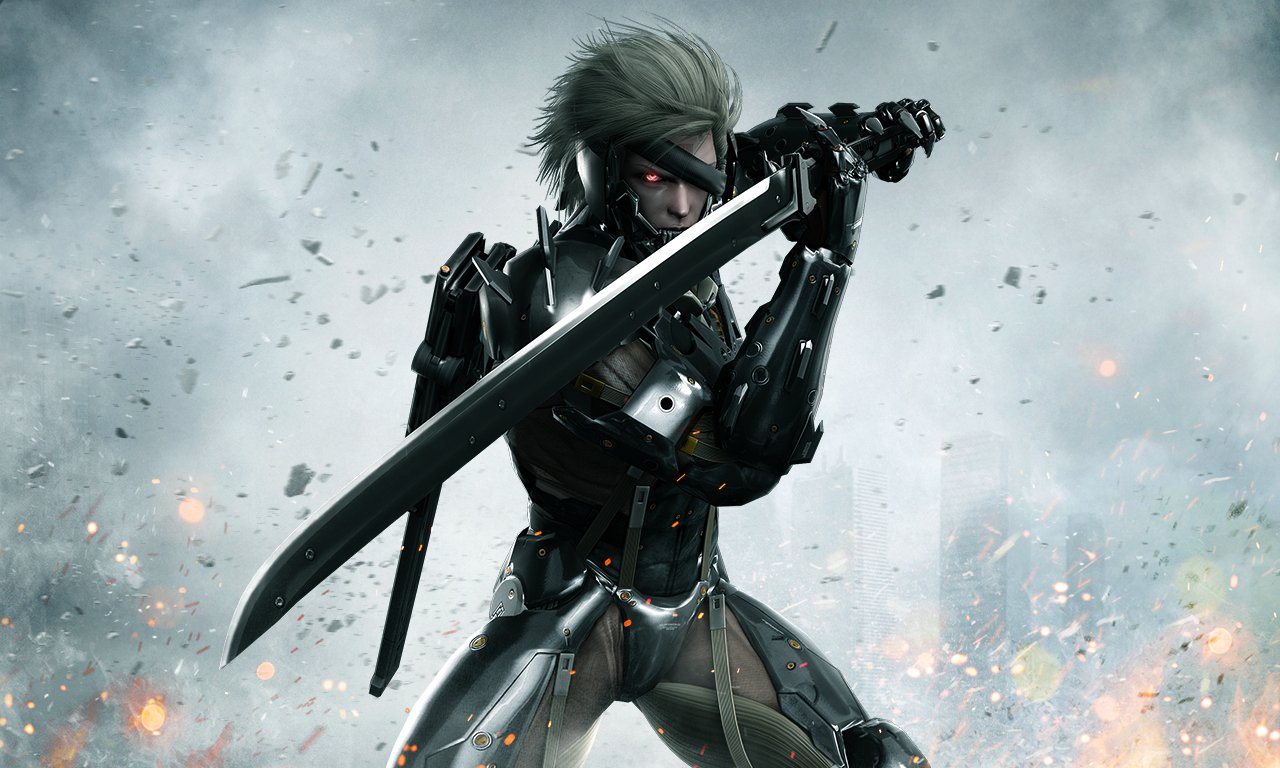 A cybernetic warrior from Metal Gear Rising: Revengeance wields a large katana, poised for combat amid a smoky, fiery battlefield.