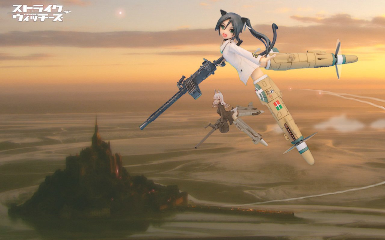 Anime art of two Strike Witches flying at sunset, armed with rifles and wearing leg-mounted Striker Units, soaring over a misty plain toward a distant fortress.