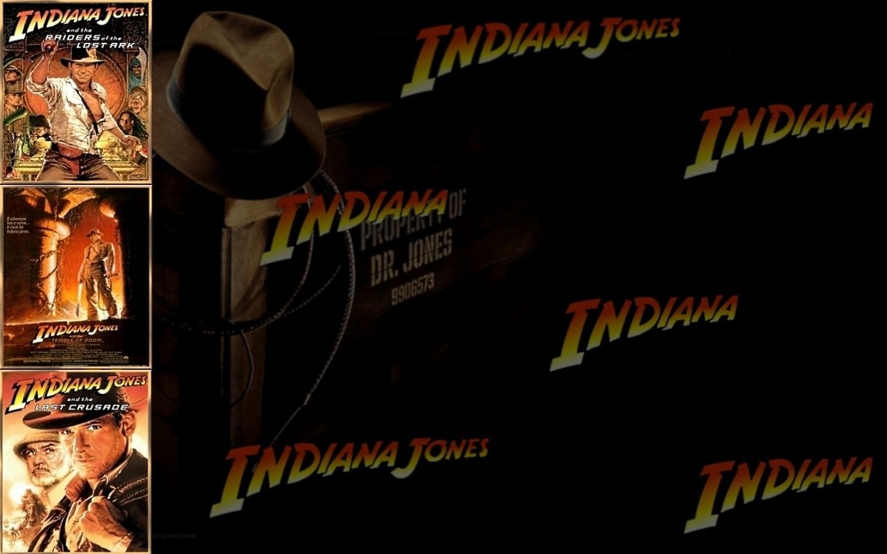 Indiana Jones movie collage: vintage posters and repeating logos flank the iconic fedora and whip silhouetted against a dark background.