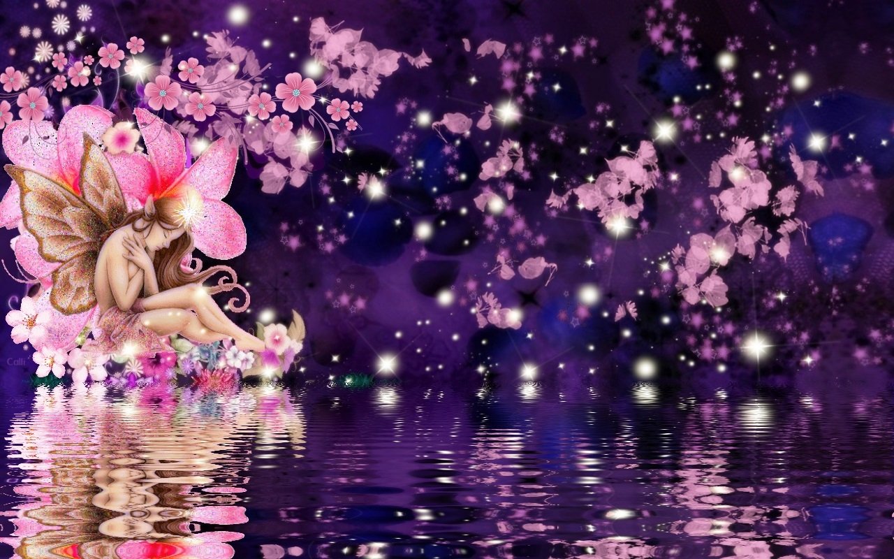 A serene fantasy scene featuring a fairy resting among vibrant flowers, with shimmering reflections on water and sparkling lights set against a dark purple backdrop.