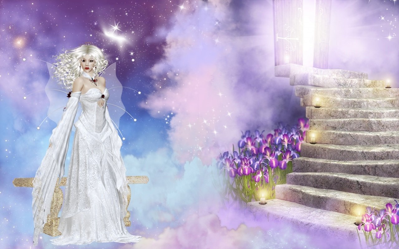 A magical scene features a fairy in a flowing white gown amidst vibrant flowers, with a mystical staircase illuminated by soft lights, set against a dreamy, colorful sky.