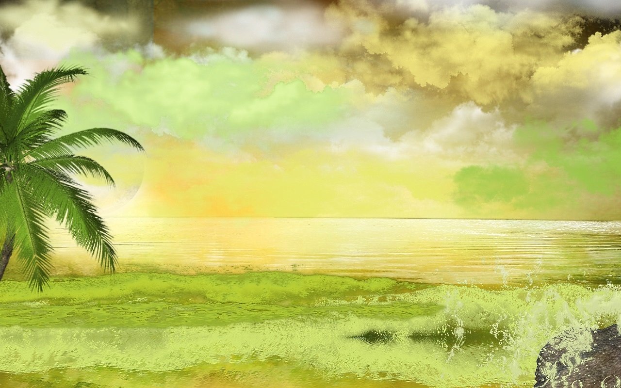 Artistic landscape: moonrise over a calm sea beneath green-yellow clouds, a palm tree to the left and a grassy shoreline in the foreground.