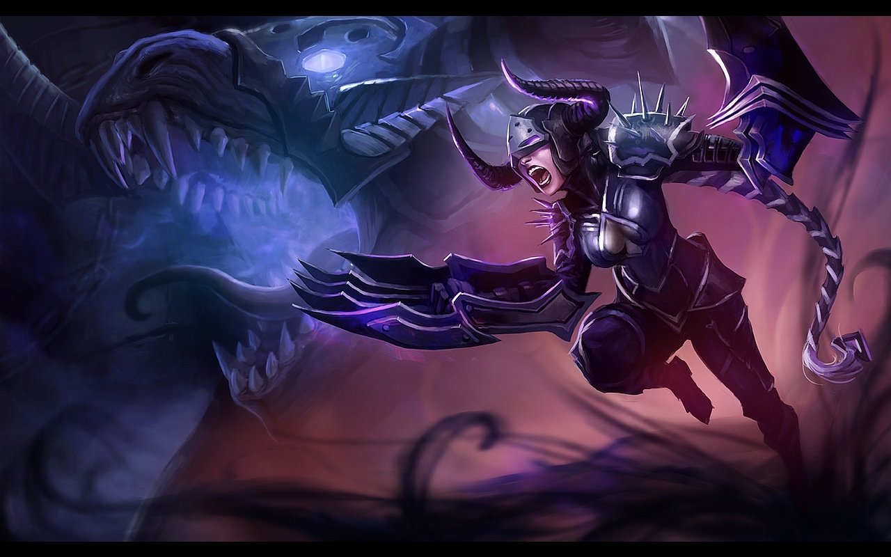 Shyvana from League of Legends charges forward, clad in dark armor, with a fierce expression. A menacing dragon looms behind her, enhancing the intensity of this dynamic video game scene.