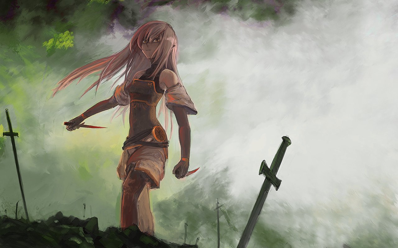 An anime warrior stands poised amidst a misty landscape, gripping daggers, with two swords embedded in the ground, embodying bravery and determination.