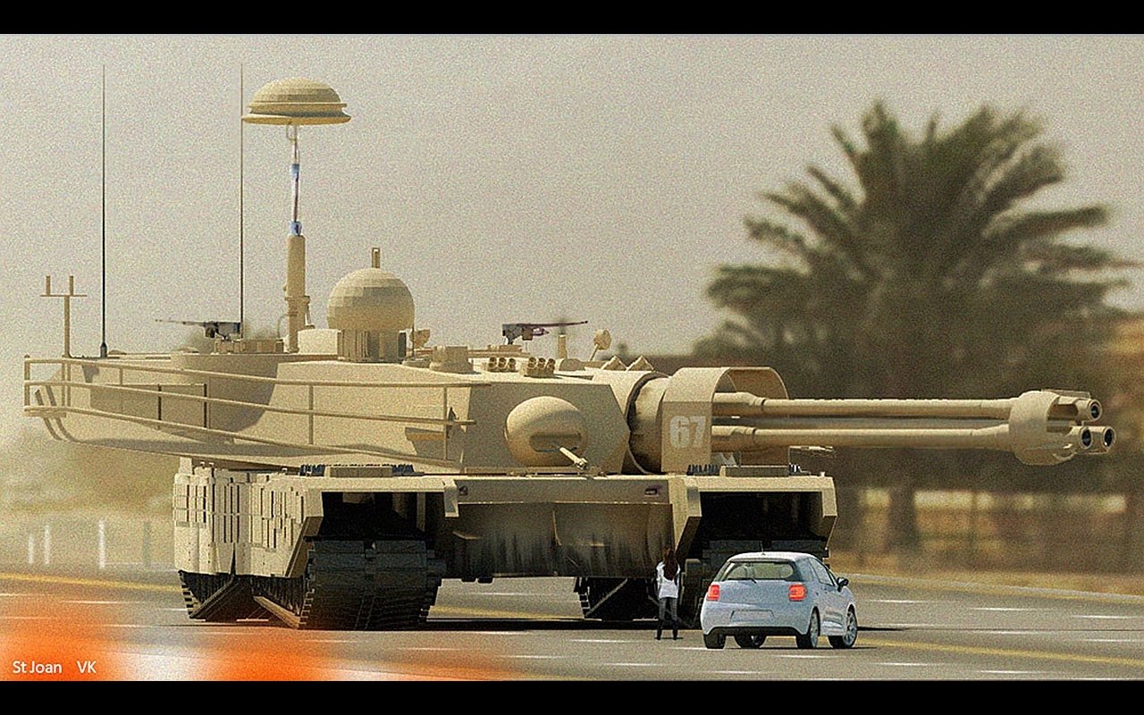 A military tank stands on a road beside a small car, set against a backdrop of palm trees in a desert landscape. The scene evokes a stark contrast between the two vehicles.