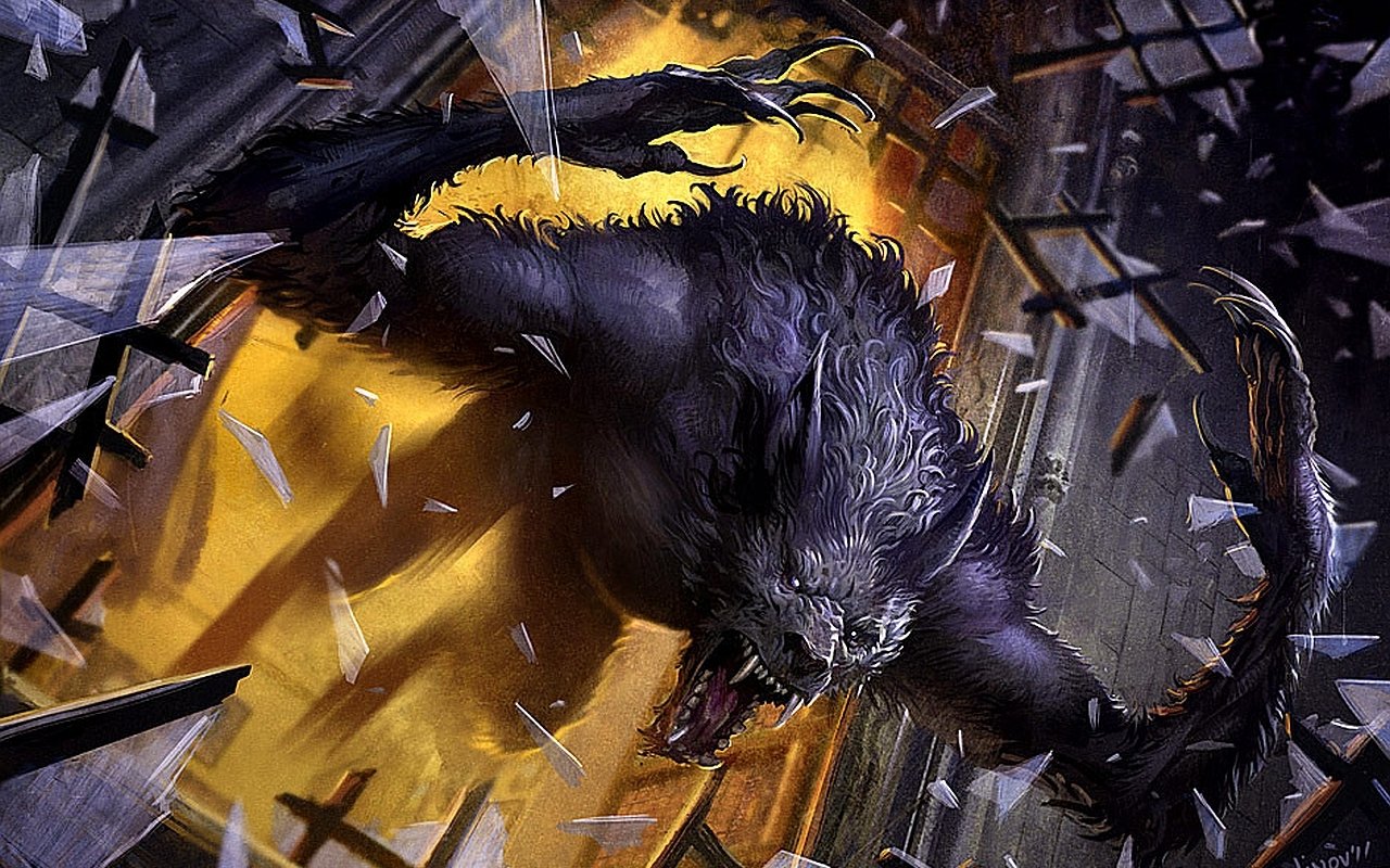 Man-made Magic: The Gathering art: a snarling, wolflike creature smashes through shattered glass, leaping forward from a glowing doorway.