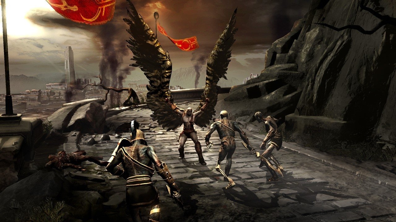 Action-packed scene from God of War III, featuring a fierce battle against mythical foes with dramatic lighting and dynamic poses, set in a dark and epic landscape.