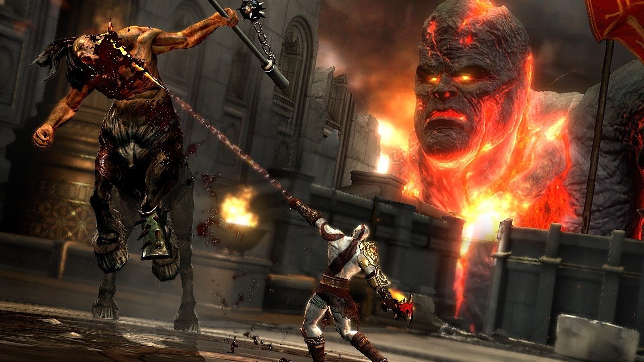 A dynamic scene from God of War III, featuring Kratos battling a colossal foe amidst fiery ruins, showcasing intense action and epic proportions in the game's stunning visuals.