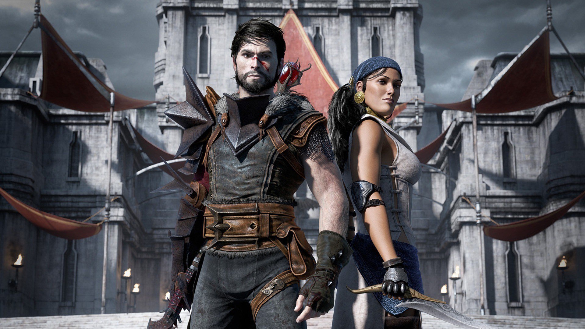 Video game Dragon Age II—two characters stand back-to-back: an armored male warrior with a sword and a female rogue with a blade, posed before a looming stone fortress.
