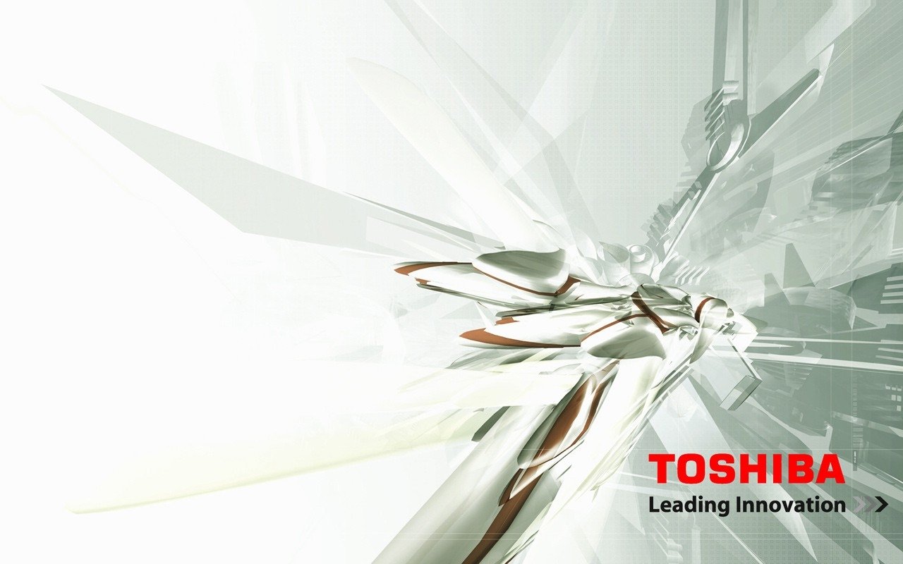 Abstract man-made metallic structure with dynamic lines and reflections, featuring the Toshiba logo and the tagline Leading Innovation in the lower right corner.