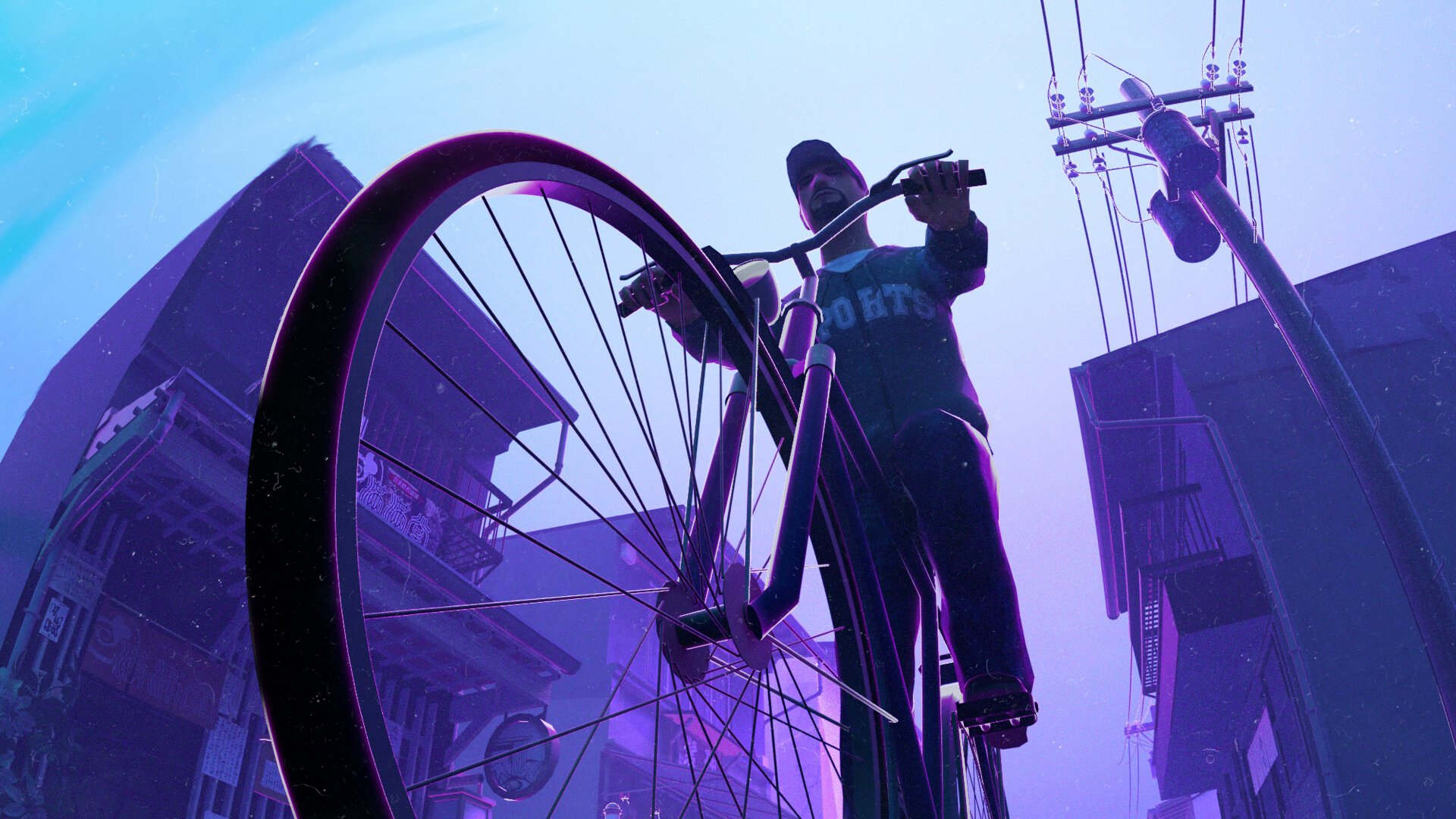 Grand Theft Auto: San Andreas screenshot — low-angle shot of a rider on a tall-front bicycle cruising through purple-lit urban streets with power lines and buildings.