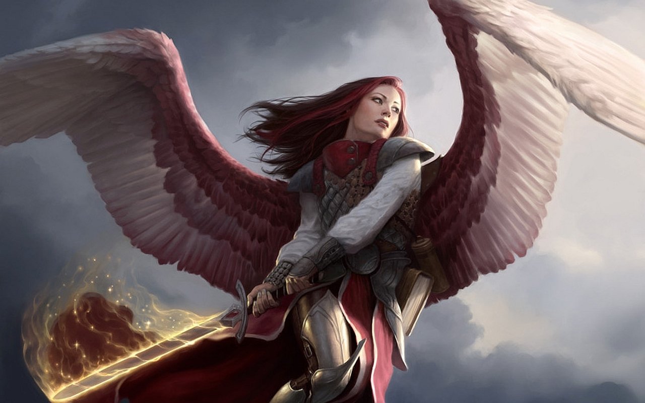 A man-made Magic: The Gathering artwork depicting a winged warrior clad in armor, holding a glowing sword against a stormy sky.