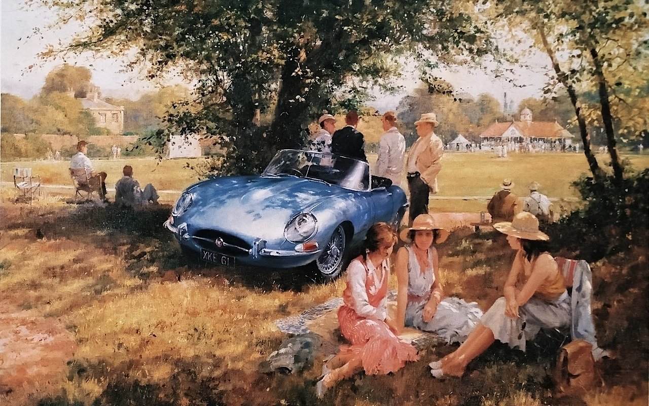 An artistic painting depicting a serene outdoor gathering with people dressed in vintage attire around a classic blue sports car under leafy trees.