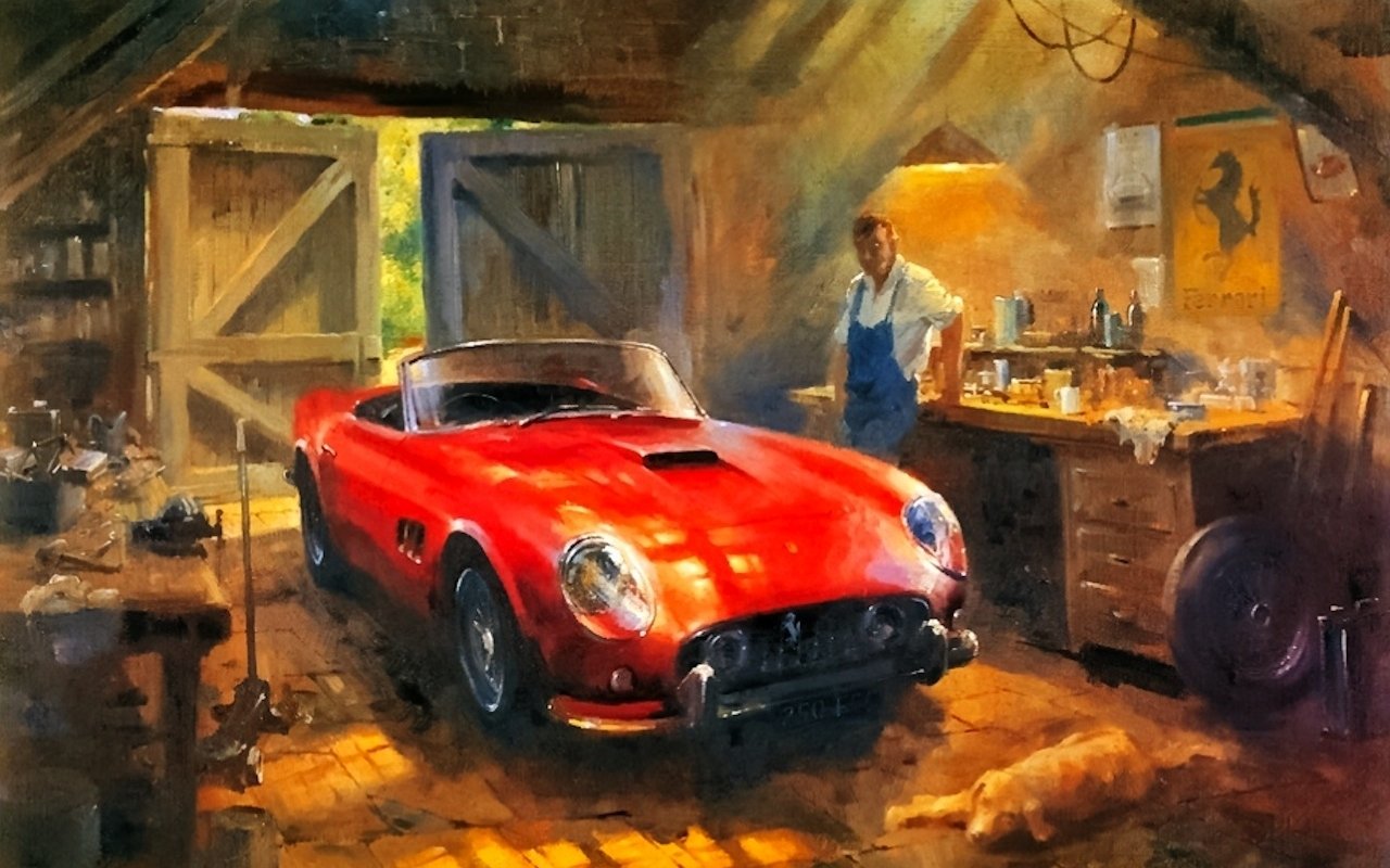 Artistic painting of a vintage red sports car inside a rustic garage with a man working at a cluttered workbench in warm, glowing light.