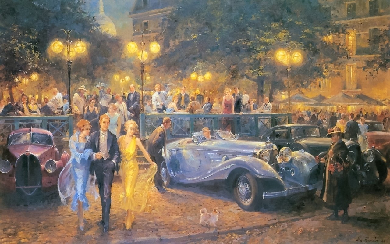 An artistic painting depicting a lively evening scene with elegantly dressed people, vintage cars, and warm streetlights glowing amidst historic buildings.