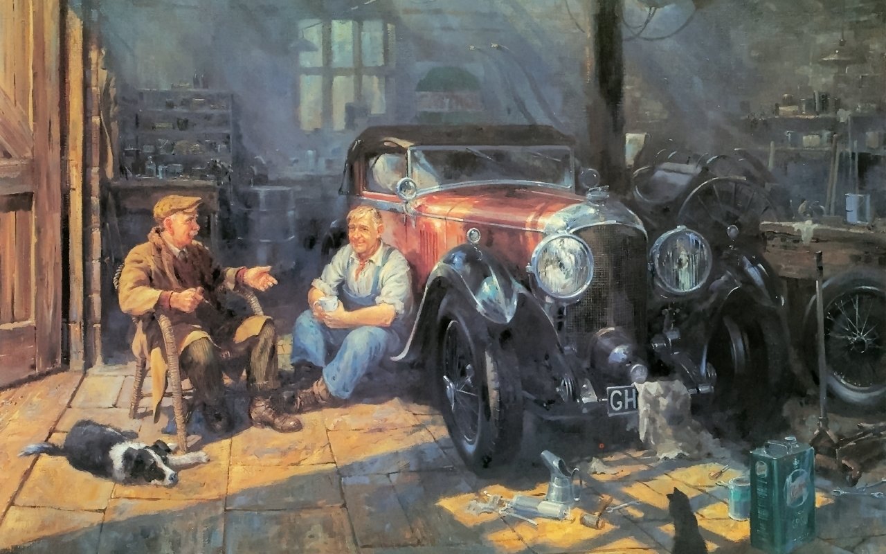 Artistic painting depicting two men and a dog resting beside a vintage car in a dimly lit garage filled with tools and equipment.