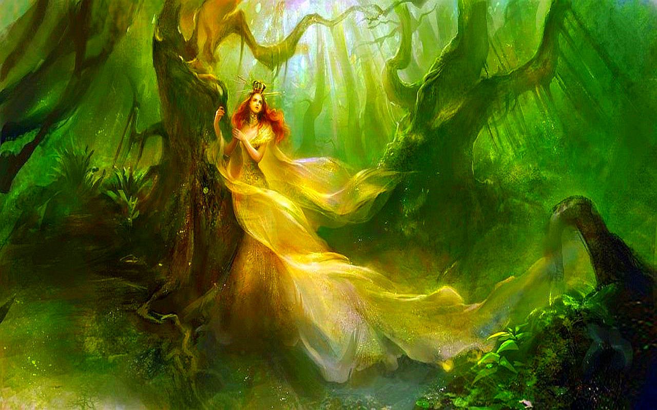 A fantasy-themed woman in a flowing golden dress stands gracefully amidst a lush, enchanted forest bathed in vibrant green light.