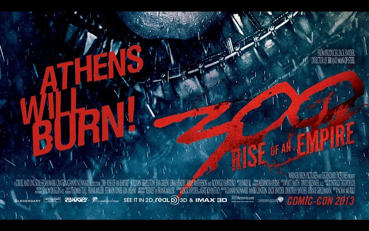 Movie poster for 300: Rise of an Empire — rain-dark naval battle artwork with bold red ATHENS WILL BURN! slogan and the film’s red 300 logo.
