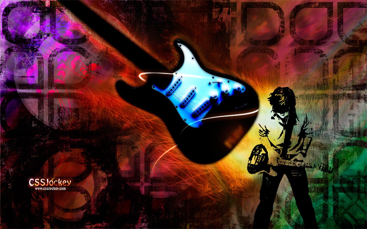 Vibrant punk rock'n'roll artwork featuring an electric guitar and a dynamic musician, blending bold colors and energetic music themes.