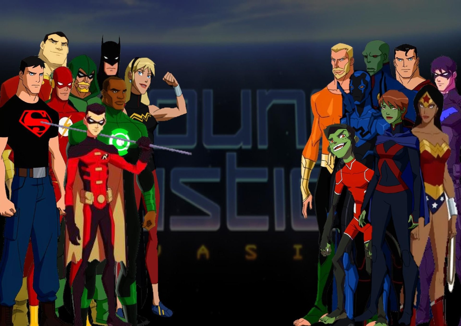 Main characters from the TV show Young Justice stand in two groups facing each other against a dark background.