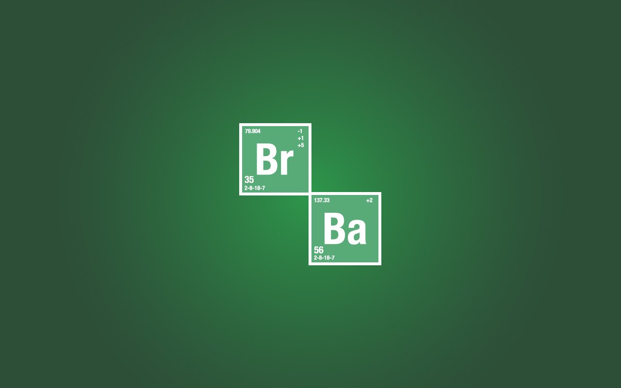 A minimalist design featuring the chemical symbols for bromine (Br) and barium (Ba) against a green background, representing the iconic branding of the TV show Breaking Bad.