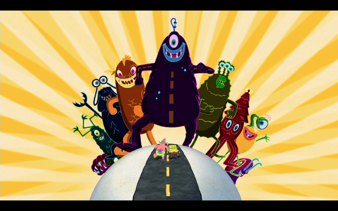 SpongeBob SquarePants TV show scene: SpongeBob and colorful sea-monster characters pose on a tiny road-topped globe against a yellow sunburst background.