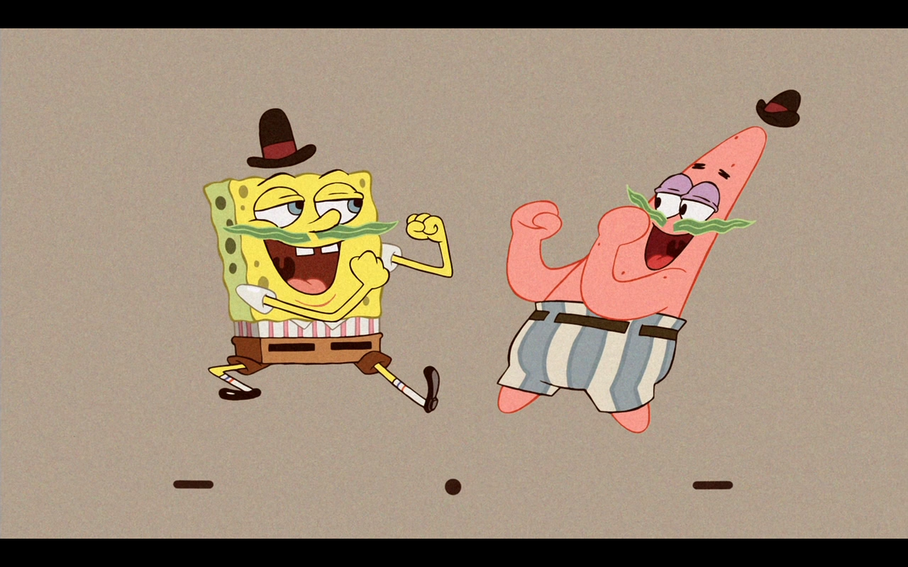 From the TV show SpongeBob SquarePants: SpongeBob and Patrick dance joyfully in hats — Patrick sports a fake mustache and striped shorts on a plain beige background.