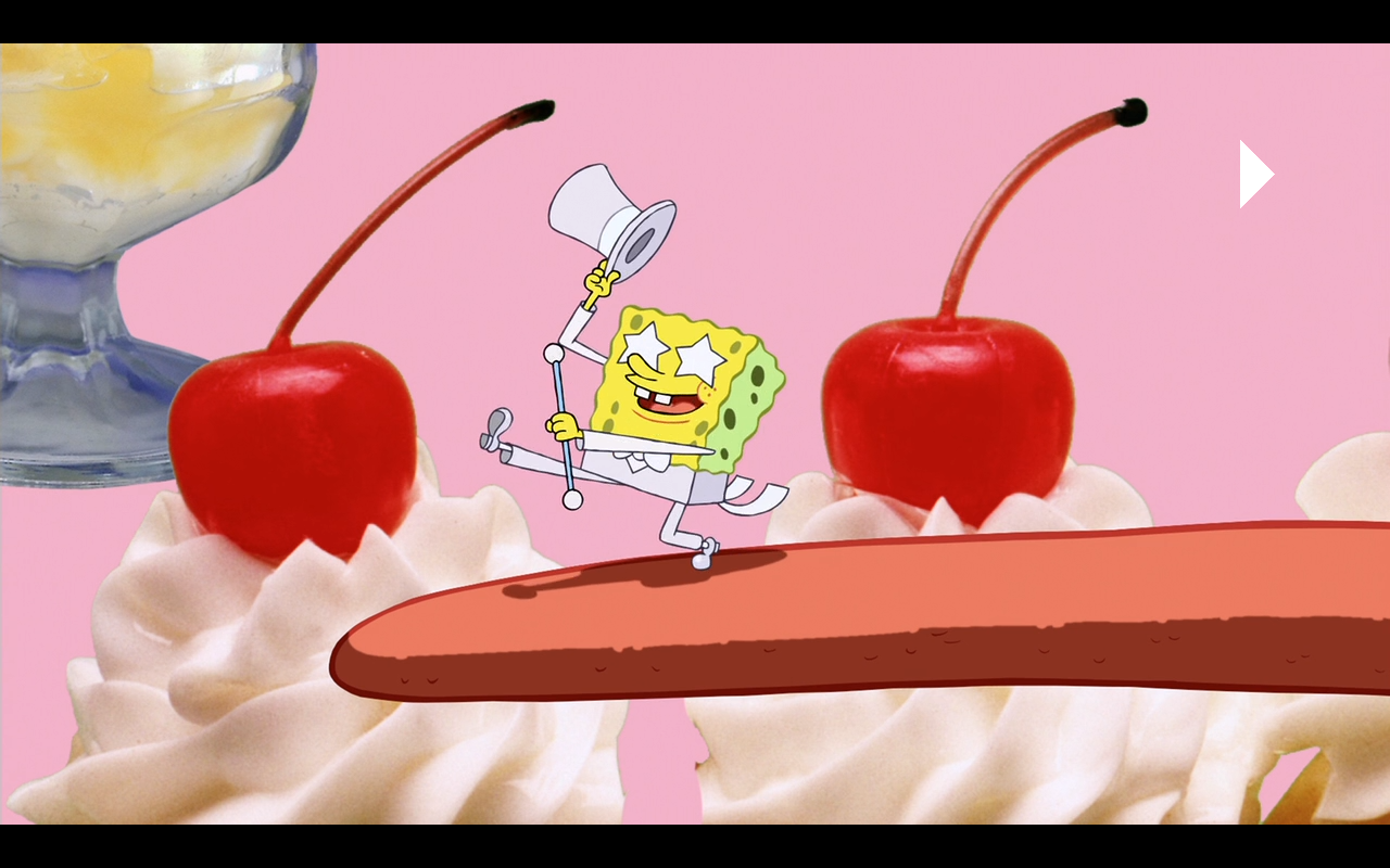 SpongeBob SquarePants joyfully dances on a giant dessert, complete with whipped cream and cherries, against a playful pink background.
