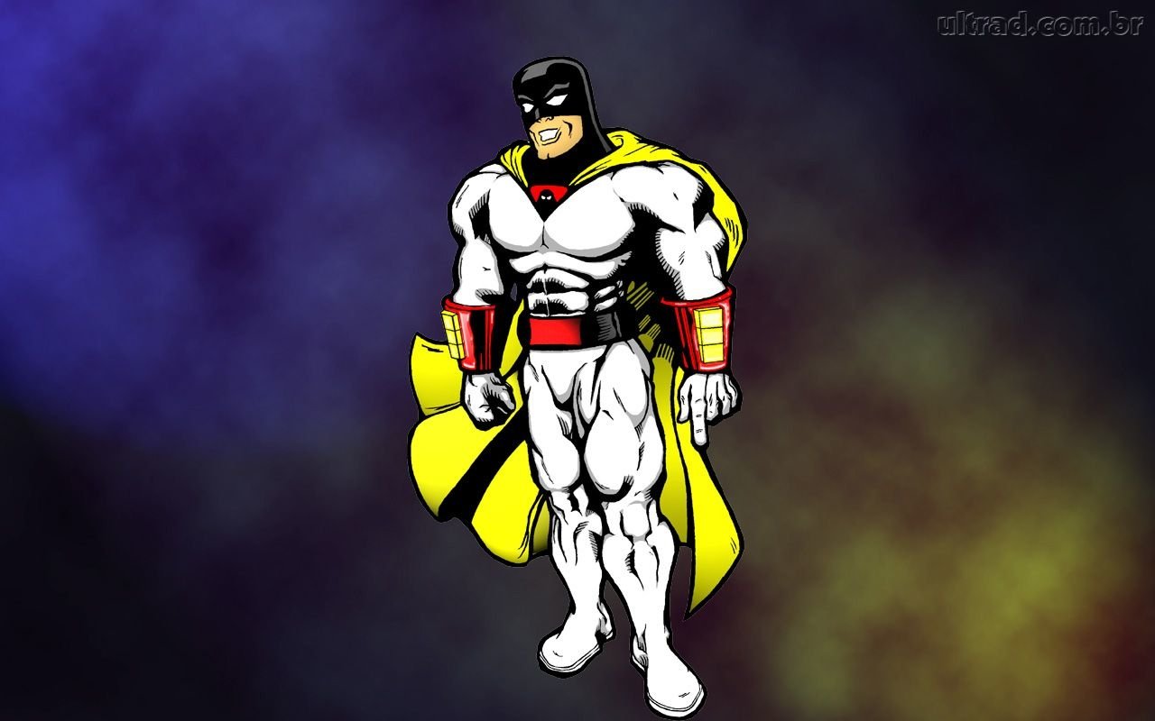 Space Ghost, the superhero from the TV show Space Ghost Coast to Coast, stands confidently against a dark, colorful cosmic background.