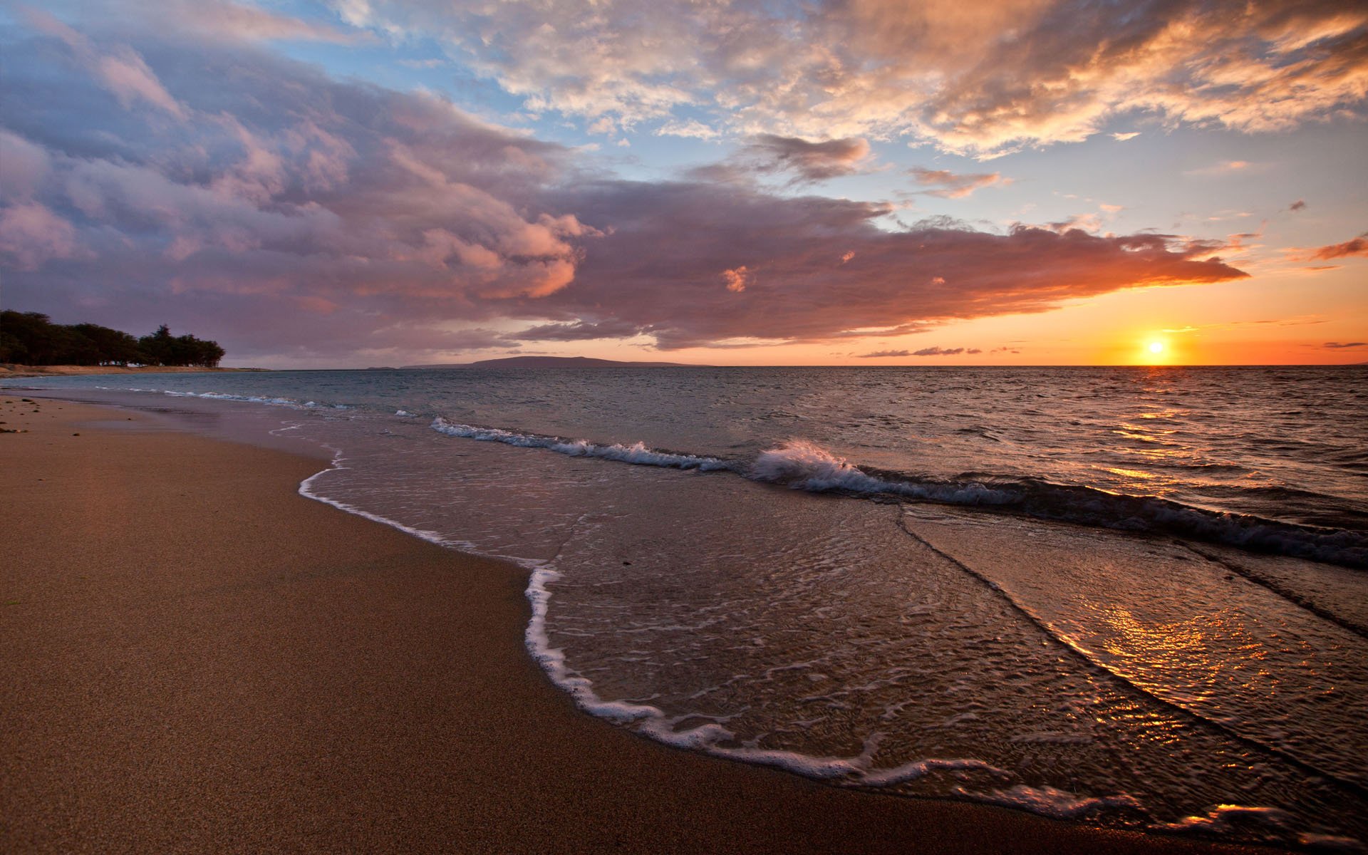 Nature seascape: golden sunset over the ocean, gentle waves washing a sandy shore beneath dramatic clouds.