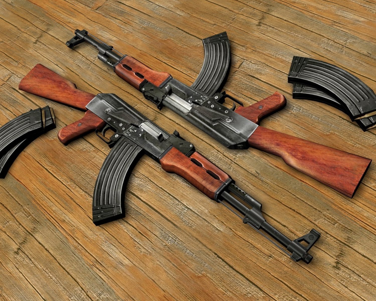 Two man-made assault rifles are displayed on a wooden surface, accompanied by several curved magazines, showcasing their detailed craftsmanship and design.