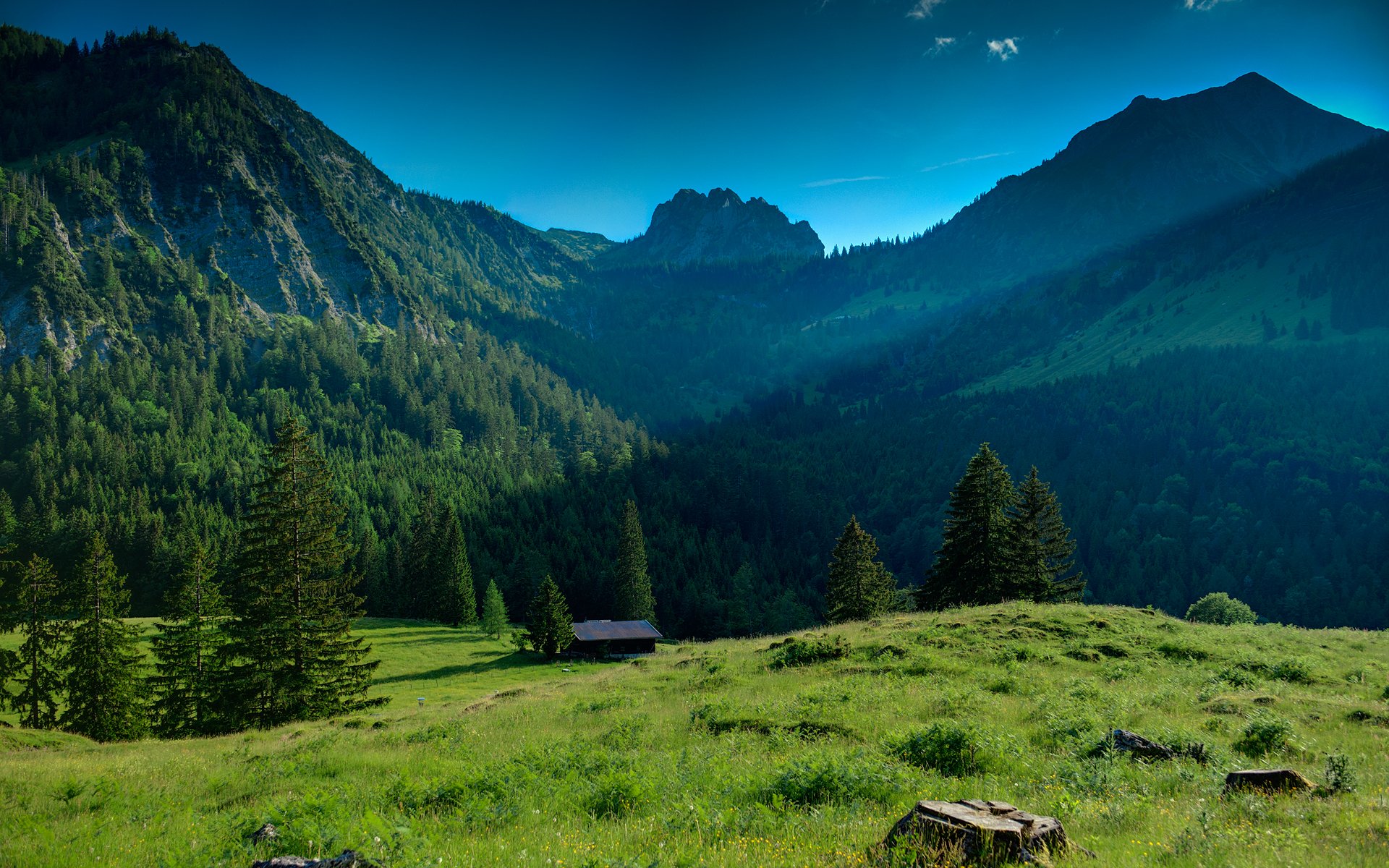 A scenic view of lush green meadows surrounded by majestic mountains, with rays of sunlight illuminating the tranquil landscape.