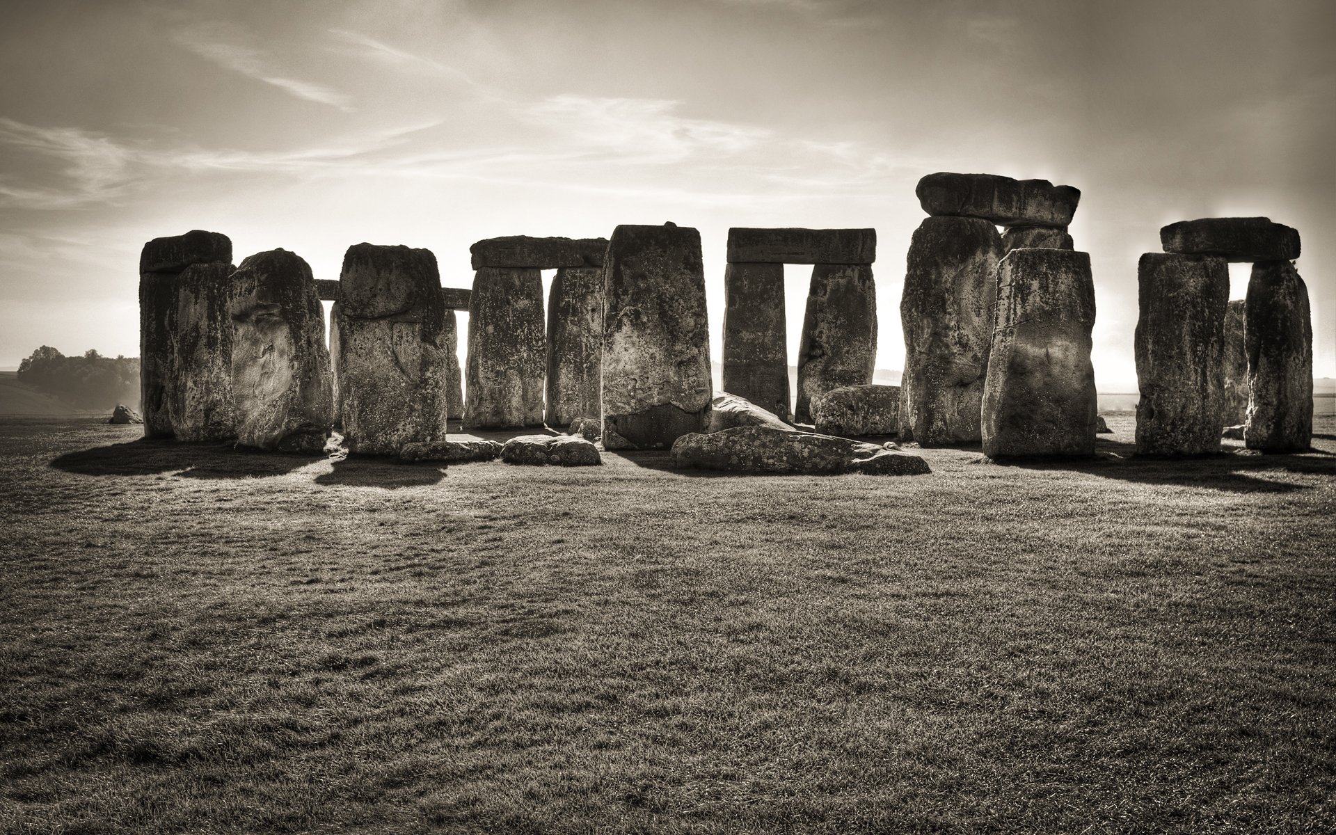 Stonehenge, a man-made prehistoric monument, stands prominently against a muted sky on a grassy plain.
