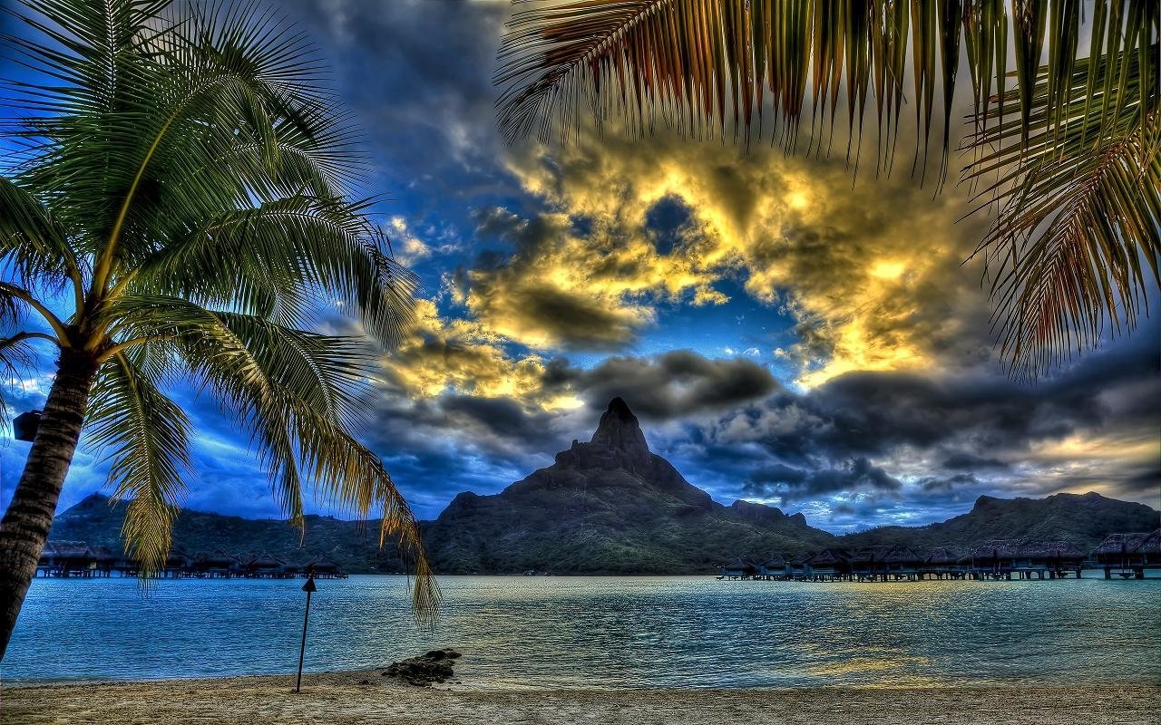 A breathtaking scenic view features a dramatic sky over a mountain, framed by palm trees along the tranquil water's edge, showcasing the beauty of nature.