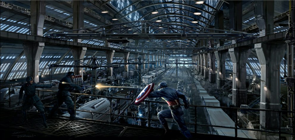 Scene from Captain America: The First Avenger — Captain America leaps through a dim industrial warehouse, shield raised as he fights soldiers on metal walkways.