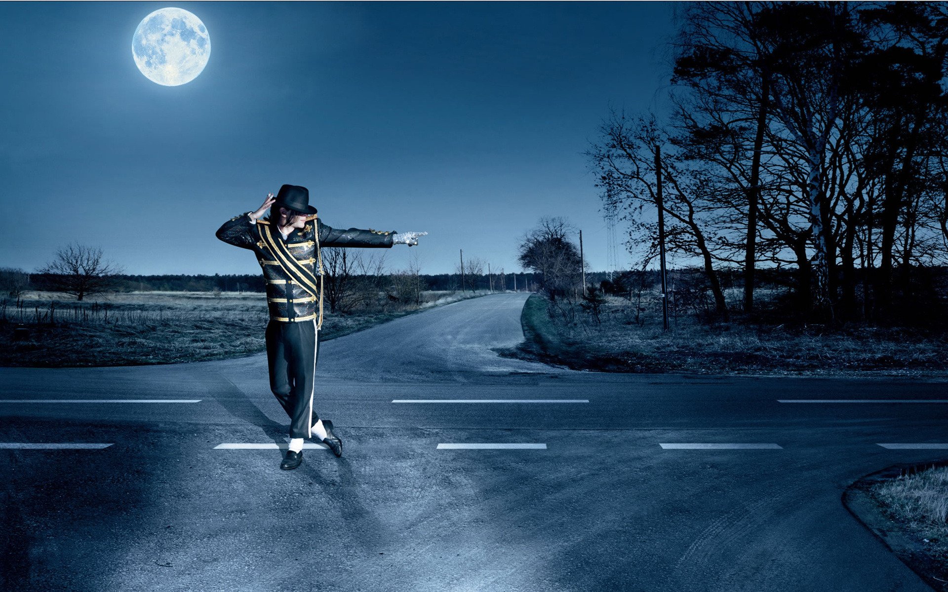A dancer, inspired by Michael Jackson, performs in a moonlit landscape at a crossroads, blending music and movement in a serene, nighttime setting.