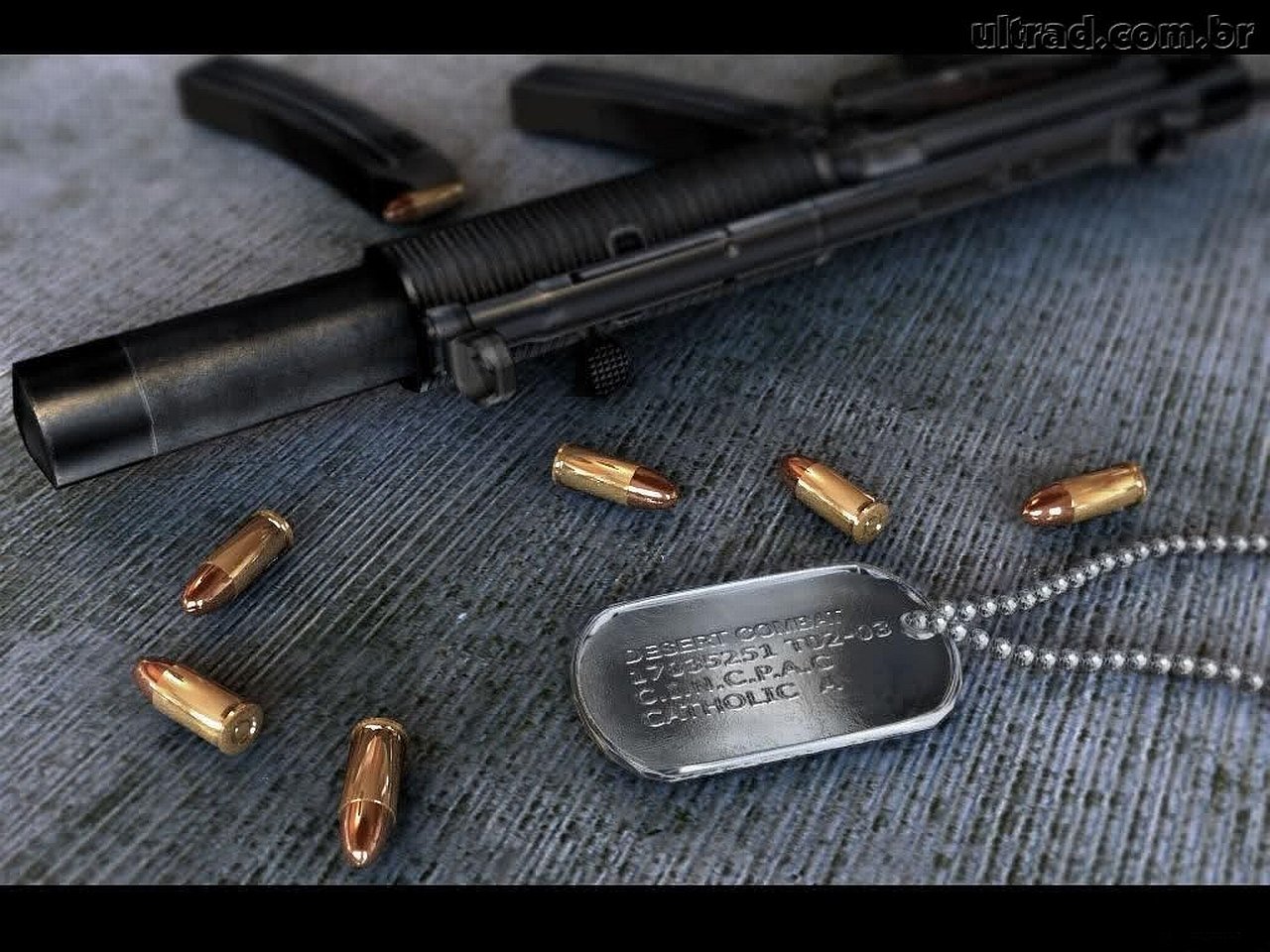 A close-up of an assault rifle lies on a textured surface, accompanied by scattered bullets and a military dog tag, evoking themes of conflict and service.