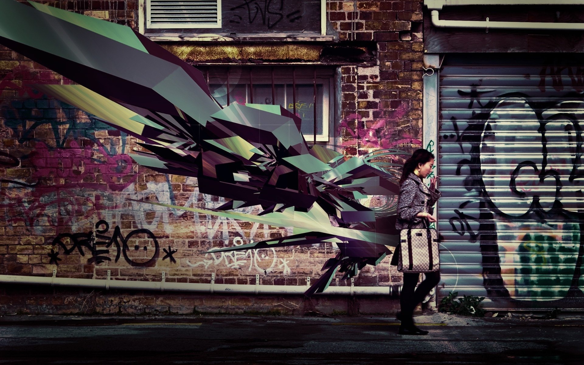 A woman walks past an artistic graffiti-covered wall, featuring vibrant geometric shapes and colorful tags, blending urban life with creative expression.