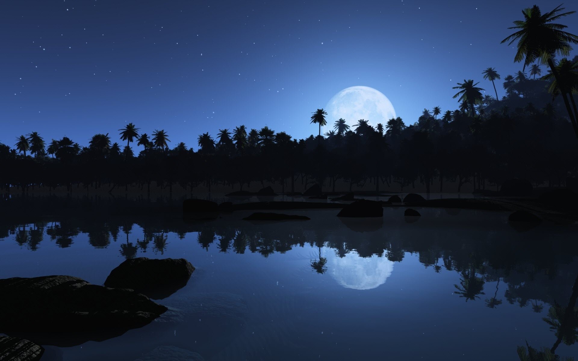 Moonlit nature scene: a full moon rises above a palm-fringed shoreline, its light reflecting on a calm lake under a starry sky.