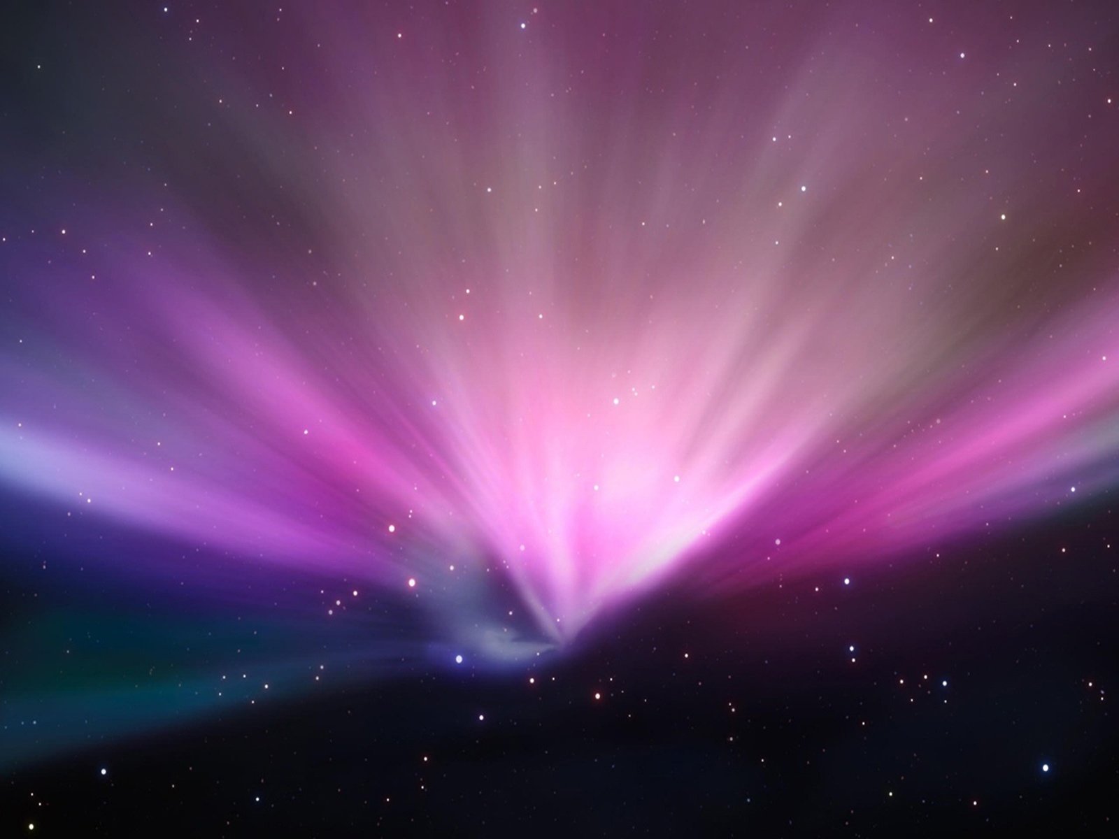 A vibrant sci-fi nebula with radiant pink and purple light beams spreading outward against a starry cosmic background.
