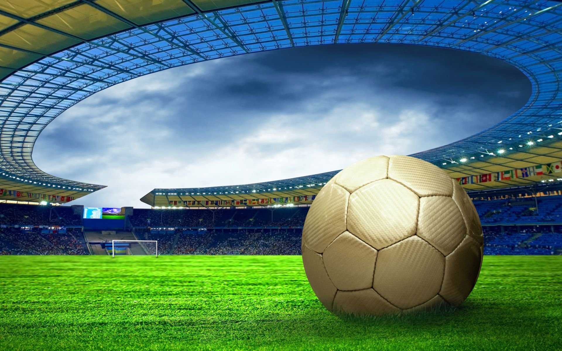 A golden soccer ball rests on the vibrant green field of a spacious stadium, under a dramatic sky, capturing the essence of sports.