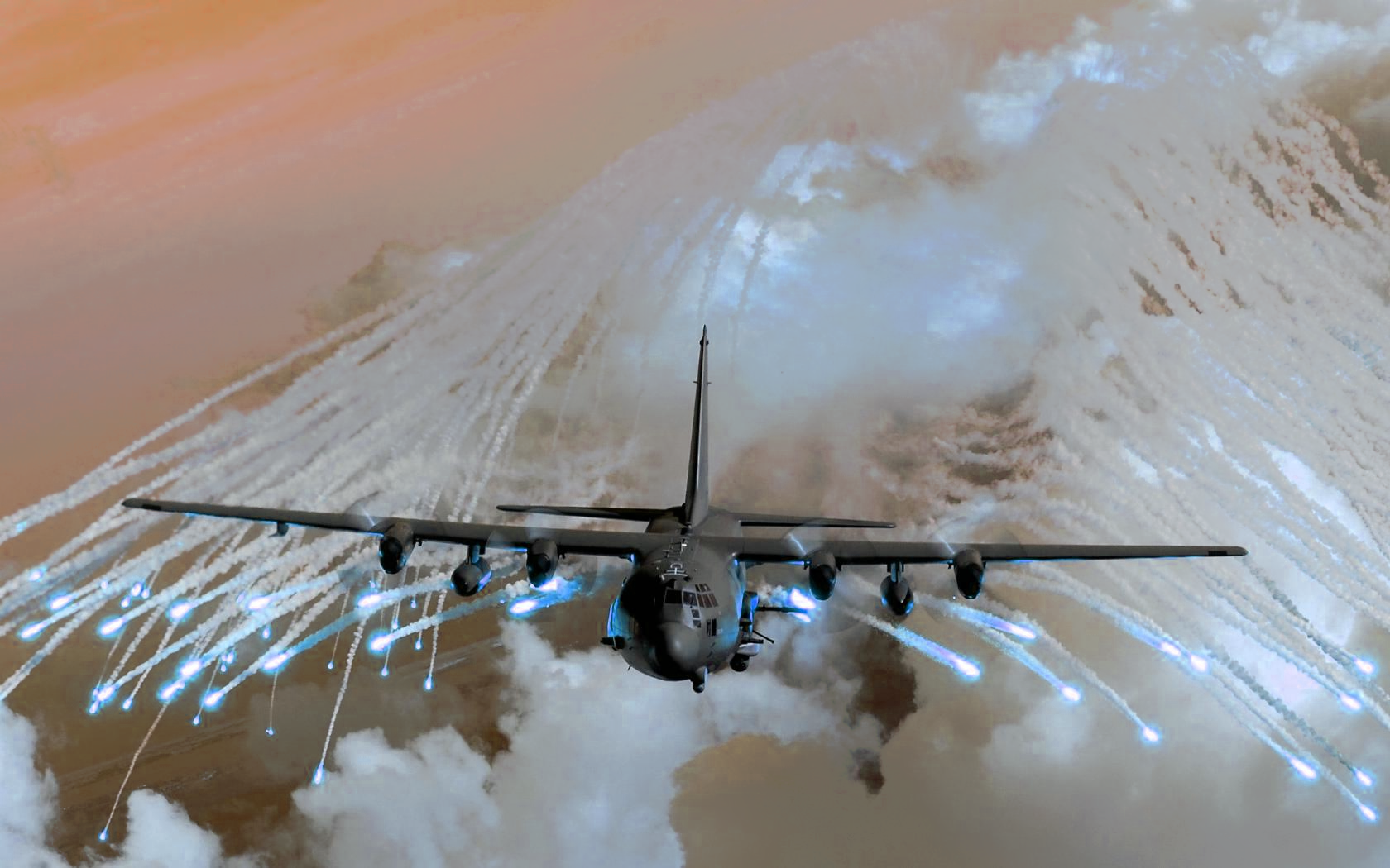A Lockheed AC-130 military aircraft flies through a cloudy sky, deploying bright flares in a dramatic aerial display.