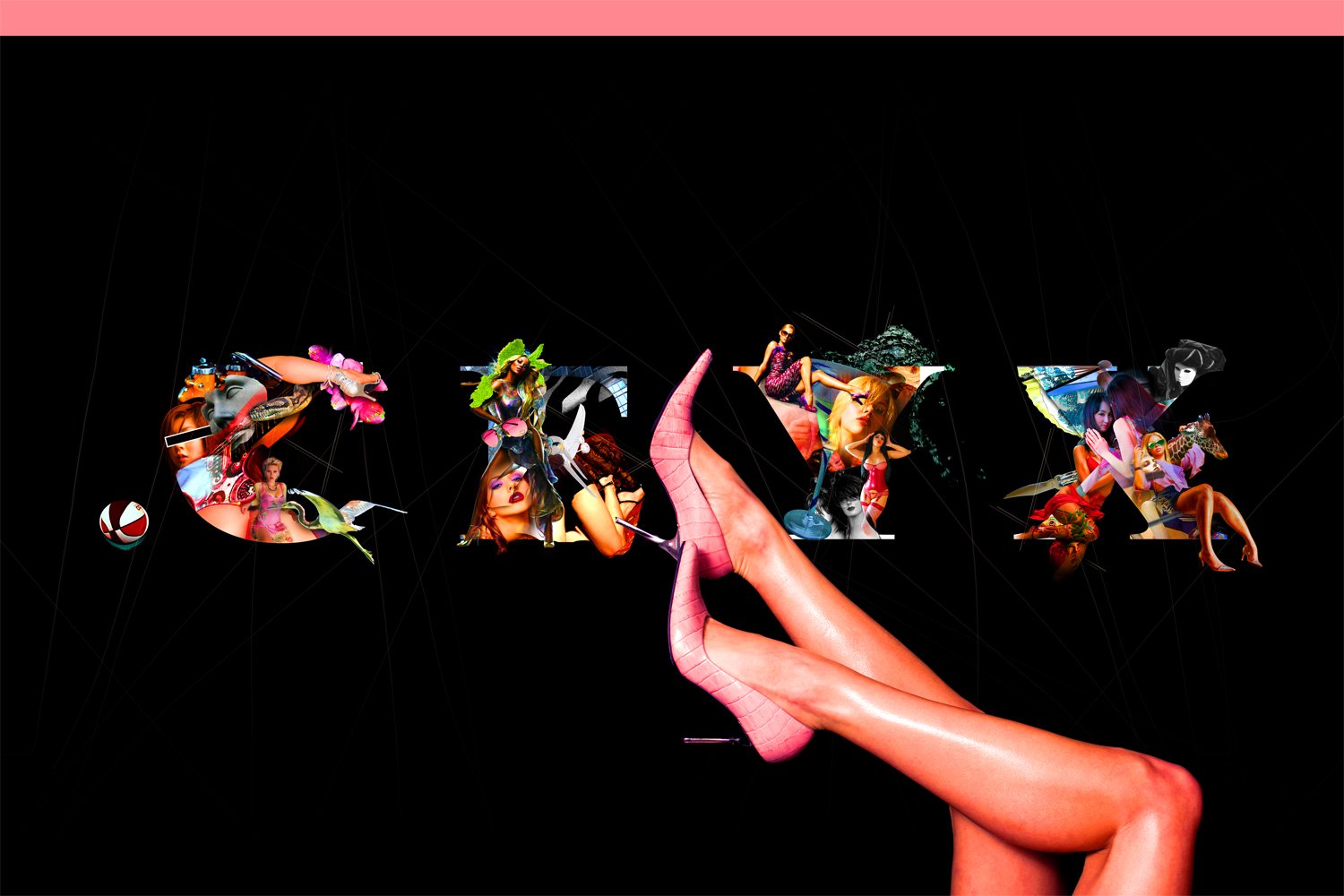 A woman’s crossed legs with pink high heels extend in front of a black background displaying the colorful word CHIC filled with various images.