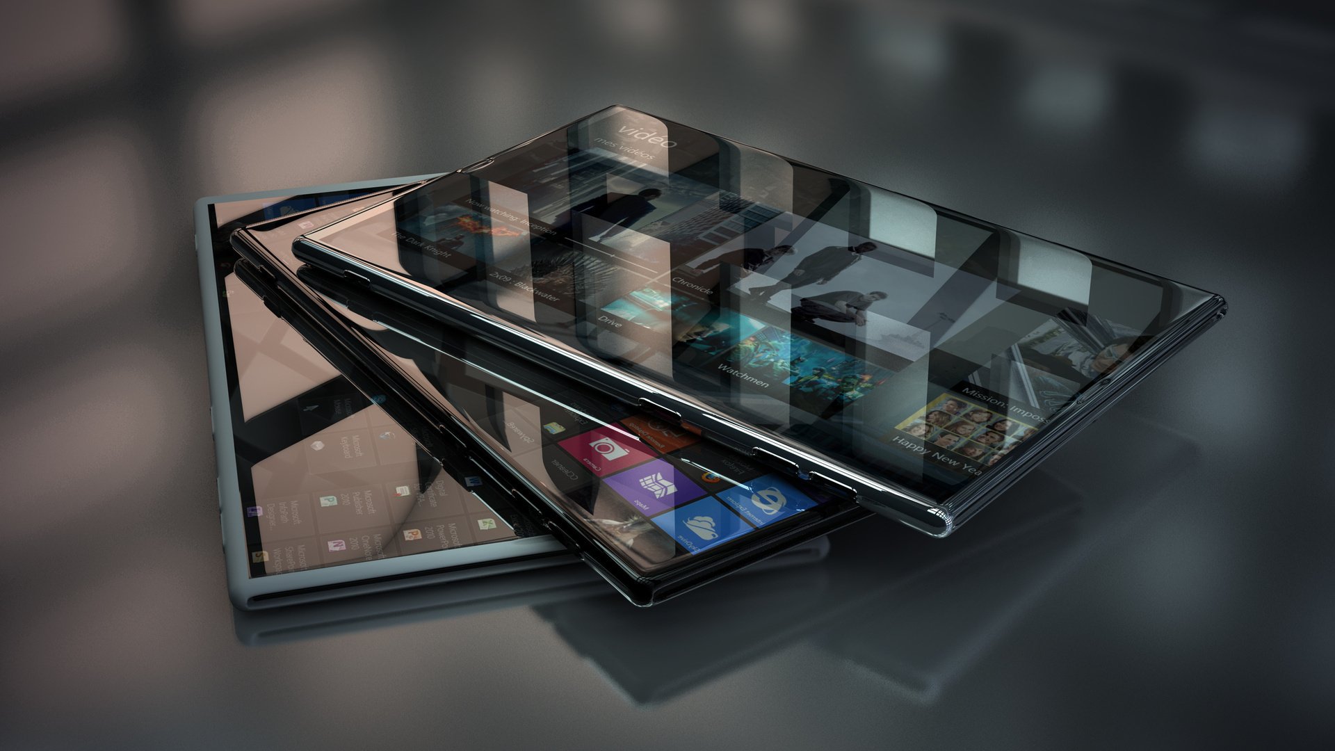 Three sleek smartphones are stacked on a reflective surface, showcasing modern technology with vibrant screens and stylish designs, emphasizing the evolution of mobile devices.
