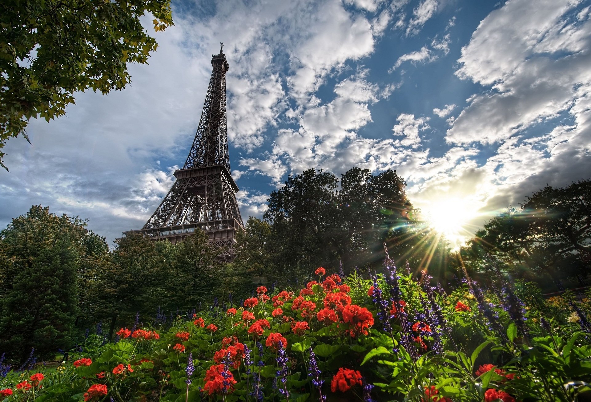 The Eiffel Tower looms gracefully over a vibrant flower bed, set against a backdrop of dramatic clouds and soft sunlight in Paris.