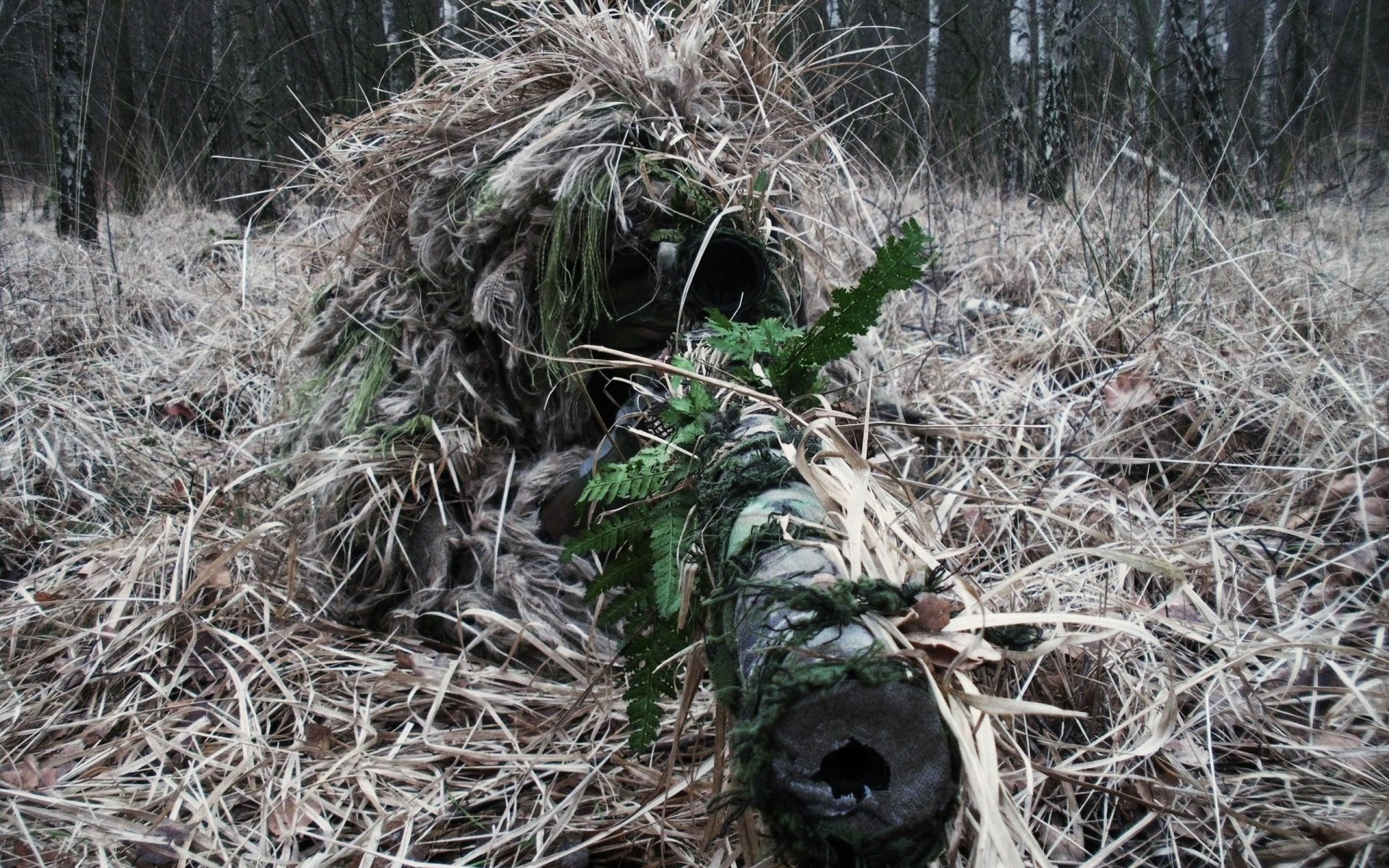 A military sniper camouflaged in the underbrush, blending with the environment, lies in wait. Surrounding grass and foliage enhance the concealment, creating a strategic vantage point.