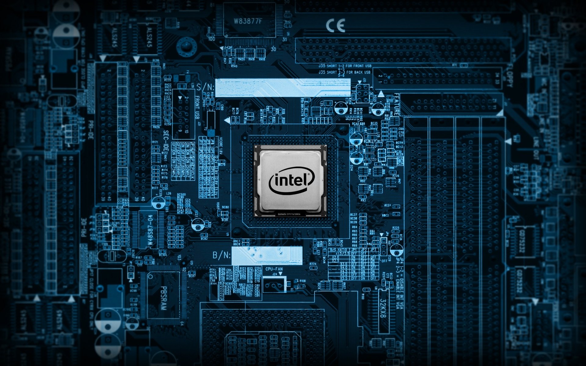 A close-up of a blue circuit board featuring an Intel processor at the center, showcasing advanced technology and intricate electronic components.