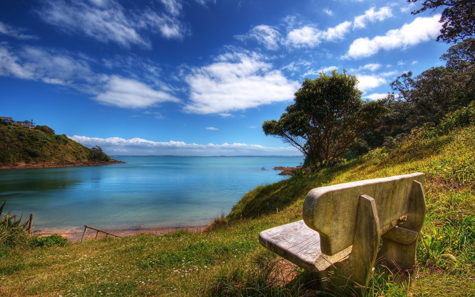 Photography: lone bench on a grassy hill overlooking a calm turquoise bay and vivid blue sky — coastal landscape.